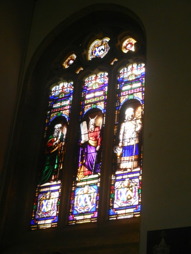 Stained glass windows in the Wadham College chapel.